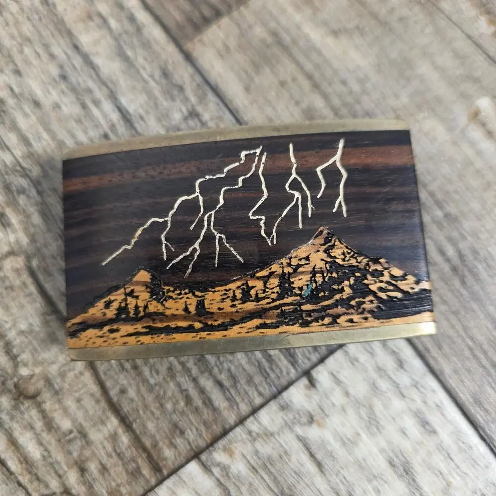 Vintage Sky West Albuquerque Wood Inlay Mountain Lightning Belt Buckle Brass